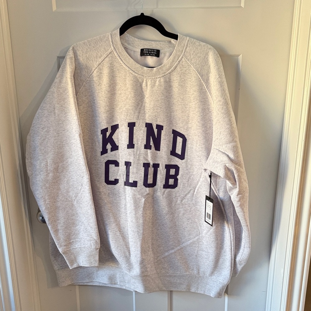 Brunette The Label Light Gray Sweater with Dark Purple Text